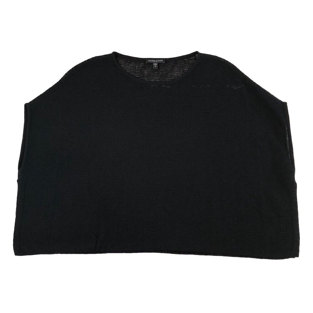 Eileen Fisher Women’s  Black Boxy Knit Poncho Top Sleeveless Italian Yarn PS